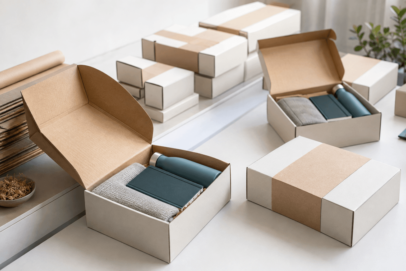 Coffrets d'entreprise contenant des textiles, carnets et gourdes, préparés pour leur distribution