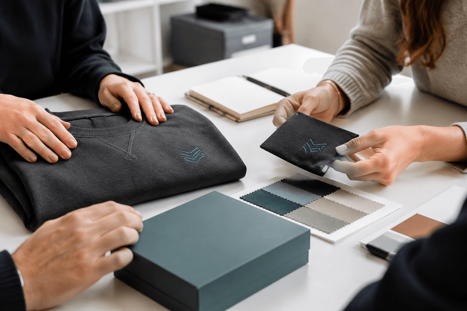 Une équipe compare un textile, un échantillon de broderie et les couleurs d'un coffret personnalisé