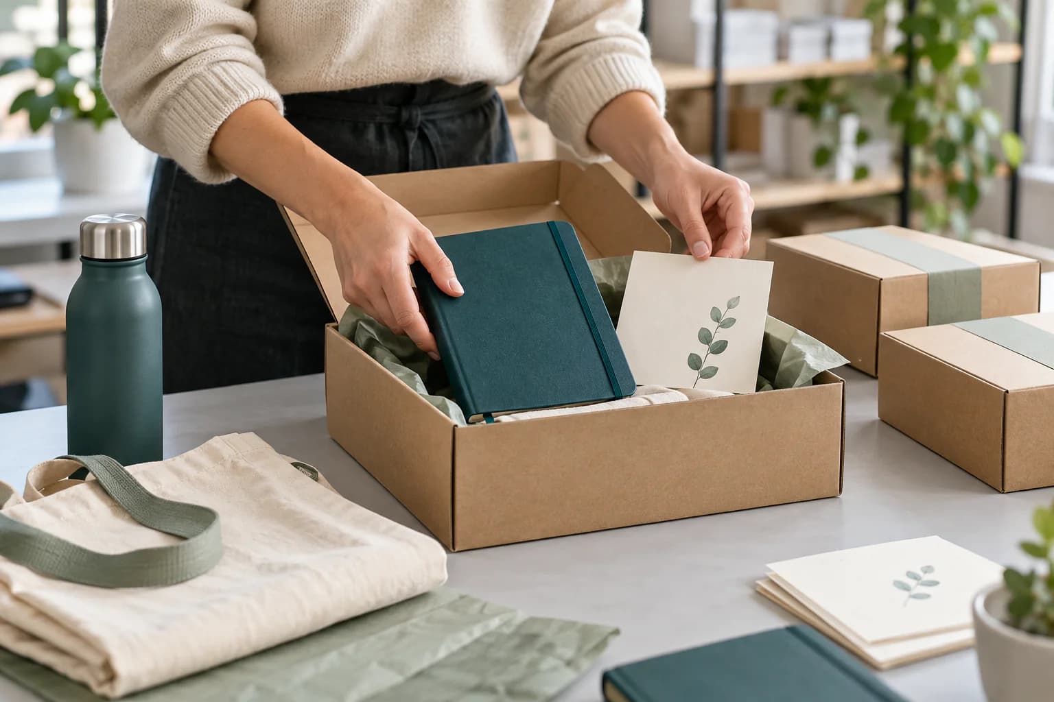 Assemblage individuel d’un welcome pack collaborateur dans une boîte kraft
