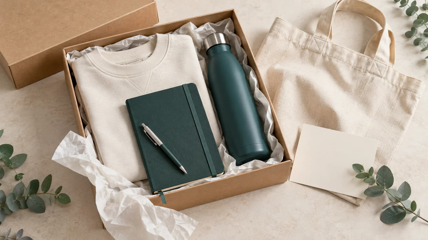 Welcome pack collaborateur composé d’un sweat, d’une gourde, d’un carnet et d’un tote bag