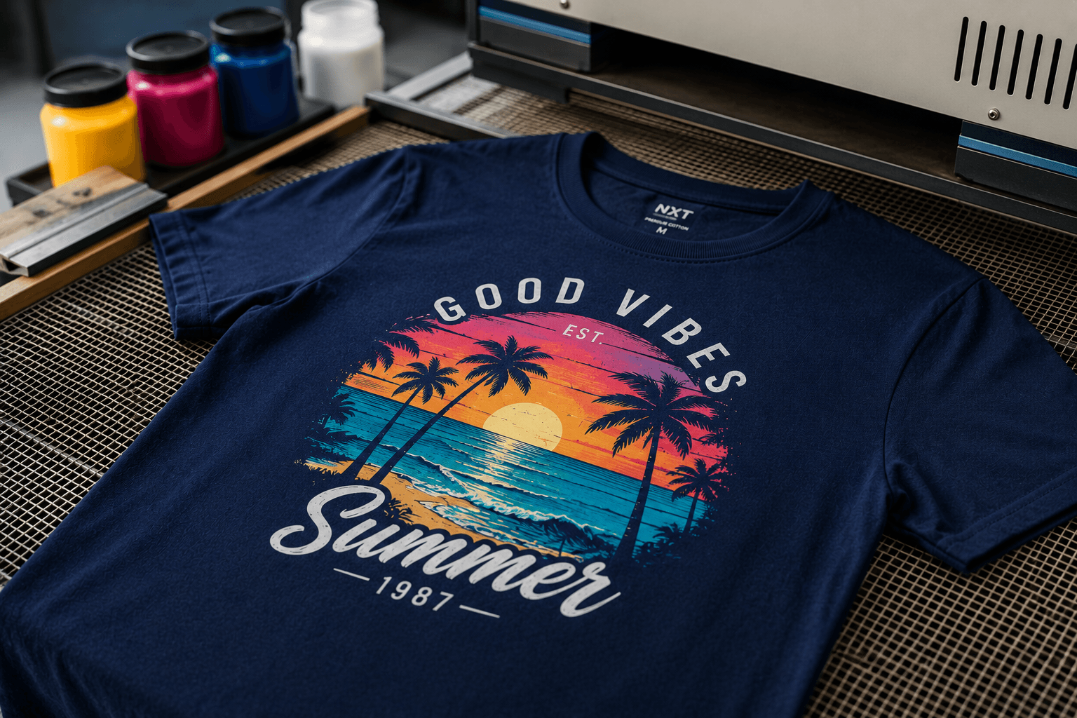 Exemple de DTF : T-shirt bleu Good Vibes Summer